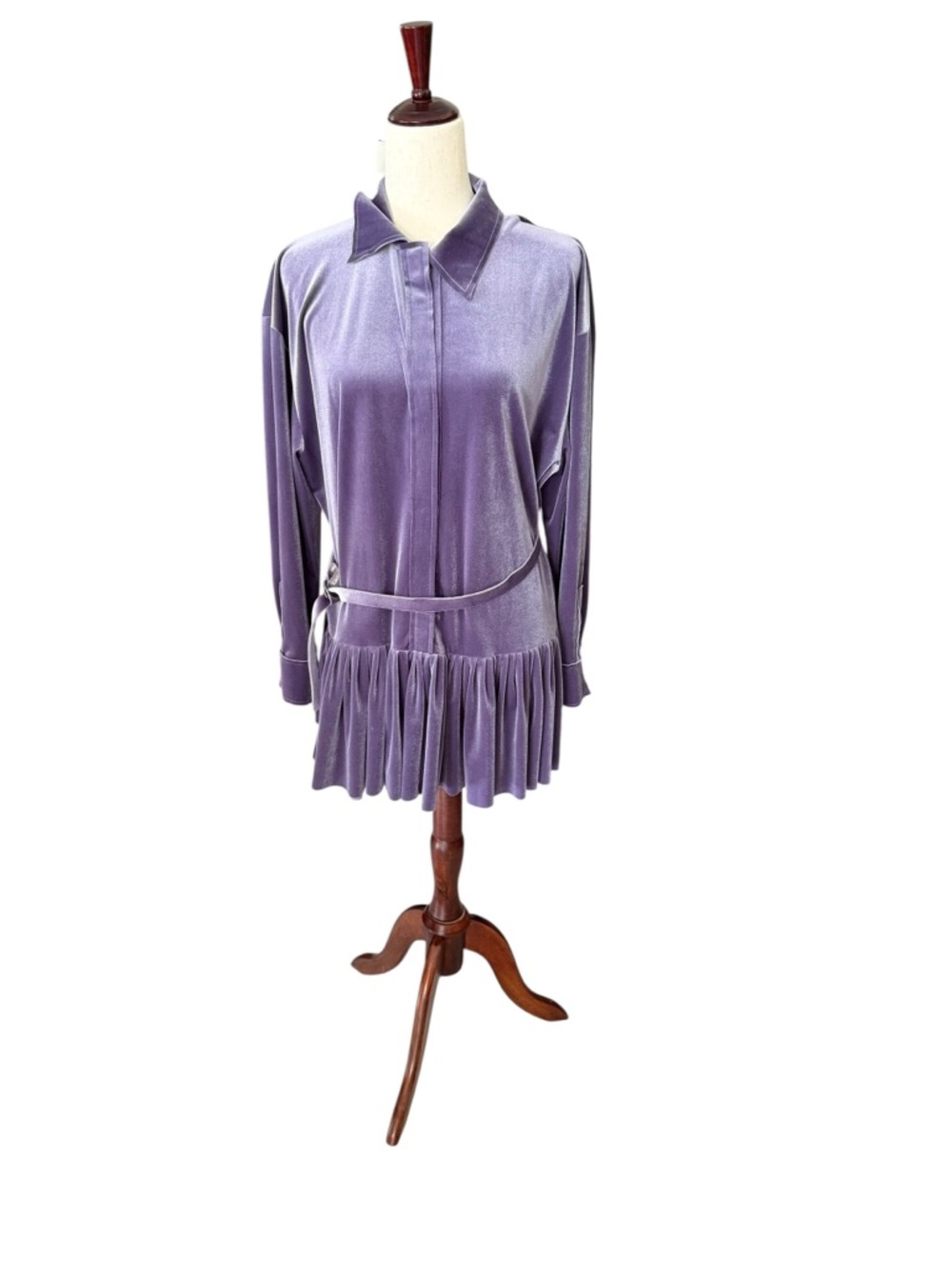 Norma Kamali Lavender Velvet Shirt Dress with Belt